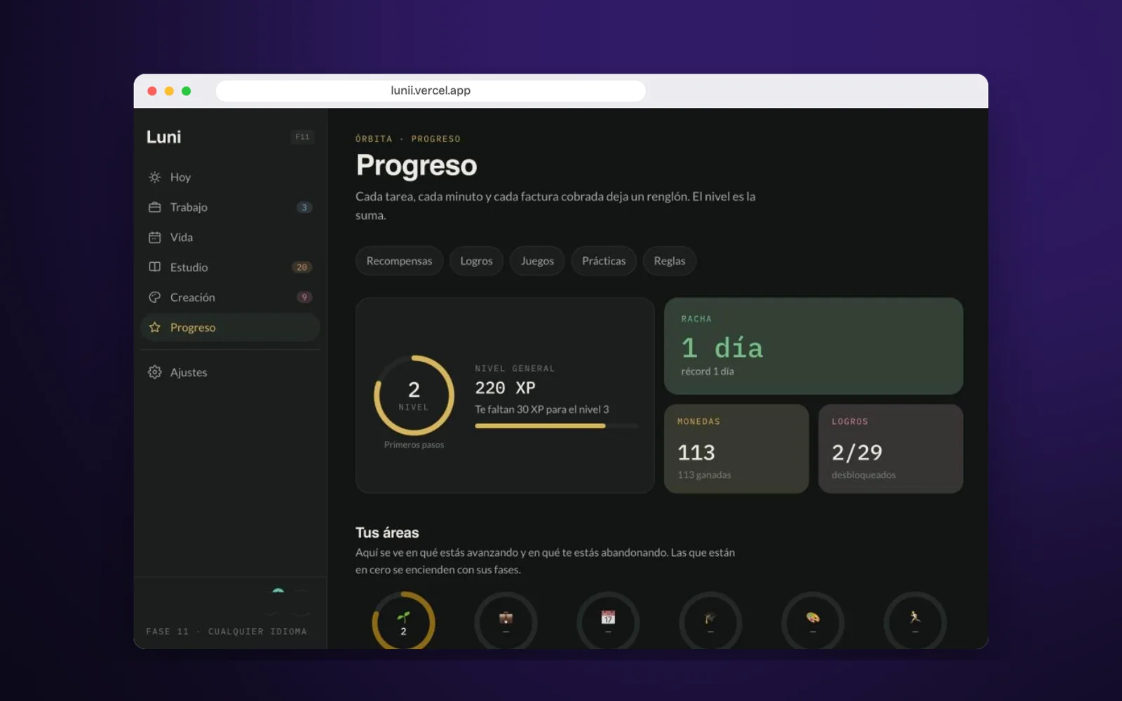 Luni · app personal de productividad, vista escritorio y celular